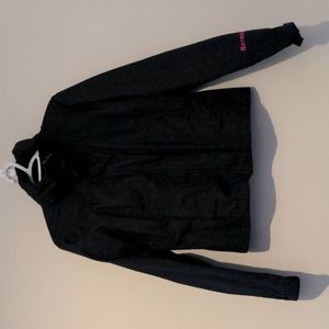 Bench jacket, hood tucks into collar, black w/ gray pattern and pink writing xl